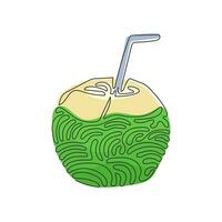 bevanda di acqua di cocco verde con disegno a linea continua singola con cannuccia. menu di cibi e bevande da dessert tropicali estivi. stile ricciolo a spirale. illustrazione vettoriale di disegno grafico dinamico di una linea