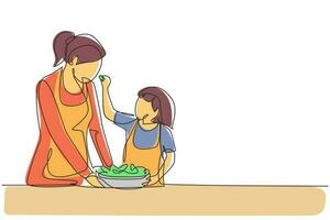 la madre con un disegno a tratteggio singolo nutre la sua piccola figlia con il cibo e di fronte a lei c'è una ciotola piena di insalata. cucinare insieme in una cucina accogliente. illustrazione vettoriale grafica di disegno di disegno di linea continua