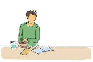 singola linea continua che disegna un bel pasto da cucina maschile durante la lettura di un libro tutorial sull'accogliente tavolo della cucina a casa. stile di vita alimentare sano. illustrazione vettoriale di disegno grafico di disegno grafico di una linea dinamica