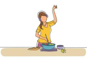 disegno a linea continua singola giovane donna che cucina e ascolta musica in cucina. illustrazione di cibo sano. concetto di stile di vita sano. cucinare a casa. prepara da mangiare. disegno grafico con una linea di disegno vettore