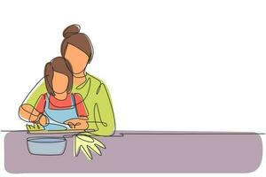 singola madre di disegno a linea continua che insegna alla sua piccola figlia a tagliare frutta e verdura. cibo sano a casa. famiglia felice in cucina. illustrazione vettoriale di disegno grafico di disegno grafico di una linea dinamica