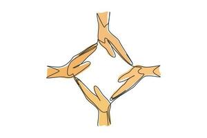 una linea continua che disegna quattro mani a palmo forma una cornice quadrata. simbolo di cura, unità, condivisione, fiducia. comunicazione con i gesti delle mani. illustrazione grafica vettoriale di disegno di disegno a linea singola