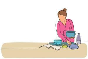 disegno di una sola linea bella donna che cucina il pasto durante la lettura del libro tutorial sull'accogliente tavolo della cucina a casa. stile di vita alimentare sano. illustrazione vettoriale grafica di disegno di disegno di linea continua moderna