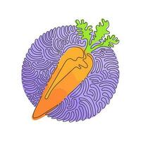 una linea continua di disegno carota arancione fresca con foglie verdi, cibo salutare. carota verdura fresca cibo sano. stile di sfondo del cerchio di ricciolo di turbinio. illustrazione grafica vettoriale di progettazione a linea singola