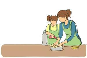 disegno di una sola linea piccola figlia carina che aiuta sua madre a fare l'impasto aggiungendo olio d'oliva. preparazione della pasticceria nell'accogliente cucina di casa. illustrazione vettoriale grafica di disegno di disegno di linea continua