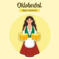 birra Festival oktoberfest celebrazione concetto con Tedesco giovane ragazza indossare tradizionale vestito e birra tazze su giallo sfondo. vettore