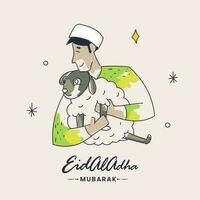 vettore illustrazione di cartone animato musulmano uomo Tenere pecora su beige sfondo per Eid-al-Adha mubarak.