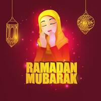 giallo Ramadan mubarak font con bellissimo islamico giovane donna offerta namaz preghiera, lineare lanterne appendere su rosso luci effetto sfondo. vettore
