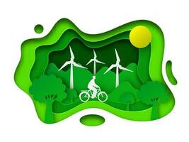 carta strato tagliare sfondo con alberi, uomo equitazione bicicletta, mulini a vento e sole illustrazione per rinnovabile energia concetto. vettore