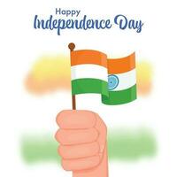 contento indipendenza giorno concetto con mano Tenere India bandiera su sfocato tricolore sfondo. vettore