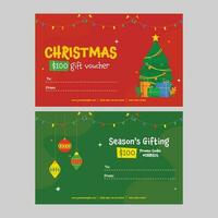 Natale regalo voucher; tagliando modello disposizione nel rosso e verde colore opzioni. vettore