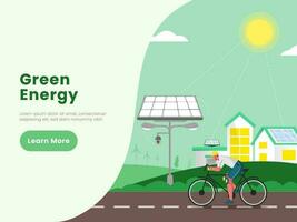 vettore illustrazione di cartone animato uomo equitazione bicicletta con solare pannelli, Casa e luce del sole per rinnovabile verde energia concetto.
