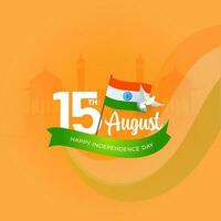 15 agosto, contento indipendenza giorno concetto con India bandiera, colomba volante su zafferano silhouette rosso forte sfondo. vettore