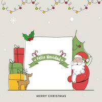 scarabocchio stile Santa Claus Tenere carta di allegro Natale con renna, regalo scatole su beige sfondo. vettore