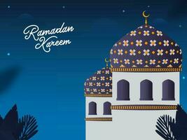 Ramadan kareem font con moschea illustrazione e le foglie su blu sfondo. vettore