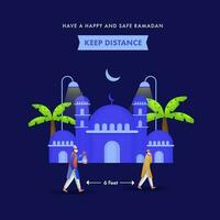 Due musulmano uomini indossare sicurezza maschera con mantenere sociale distanza, moschea illustrazione, palma albero e mezzaluna Luna su blu sfondo per Ramadan Festival. vettore