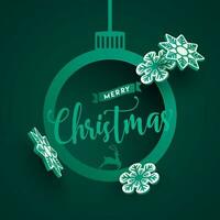 calligrafia di allegro Natale su verde fronzolo forma saluto carta design decorato con 3d carta fiocchi di neve. vettore