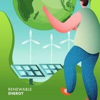 rinnovabile energia concetto con giovane uomo carattere, terra globo, solare pannelli, mulino a vento su verde e turchese sfondo. vettore