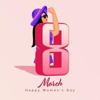 marzo di 3d 8 numero con bellissimo donna mostrando forte braccio su rosa sfondo per contento Da donna giorno celebrazione. vettore