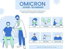 prevenire il fermare di omicron covid-19 variante come indossare maschera, lavaggio mani, mantenere distanza, ottenere vaccinato, uso disinfettante e fazzoletto di carta carta. vettore