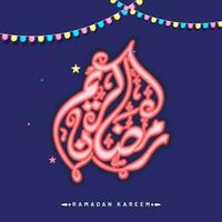 etichetta stile Ramadan kareem calligrafia nel Arabo linguaggio e colorato ghirlanda su blu sfondo. vettore