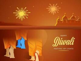 contento Diwali celebrazione concetto con piedi Visualizza di signore rama, lakshman e sita su arancia ayodhya fuochi d'artificio sfondo. vettore