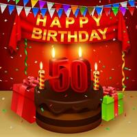 contento 50 ° compleanno con cioccolato crema torta e triangolare bandiera, vettore illustrazione