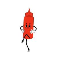 vettore cartone animato retrò portafortuna di ketchup salsa. pomodoro bottiglia nel cartone animato stile. contento di moda discoteca mascotte. Vintage ▾ stile anni '60, 70s vecchio animazione.