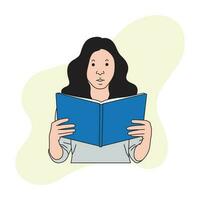 un' donna con lungo capelli è lettura un' libro vettore