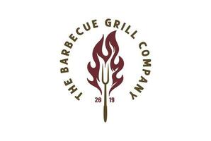 rustico bbq barbecue griglia forchetta con fiamma logo design vettore