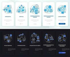 tipi di fusioni notte e giorno modalità onboarding mobile App schermo. Procedura dettagliata 5 passaggi modificabile grafico Istruzioni con lineare concetti. ui, ux, gui modello vettore