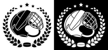 simbolo, emblema di Aperto hockey casco e nero gomma da cancellare disco nel alloro ghirlanda per ghiaccio hockey concorrenza. hockey gli sport attrezzatura. attivo stile di vita. vettore