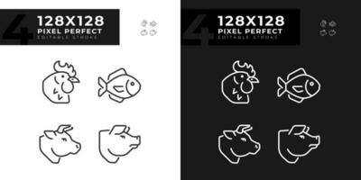 carne e pesce prodotti pixel Perfetto lineare icone impostato per scuro, leggero modalità. proteina fonte. cibo gruppo. azienda agricola animali. magro linea simboli per notte, giorno tema. isolato illustrazioni. modificabile ictus vettore