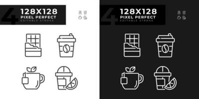 bevande e dolci pixel Perfetto lineare icone impostato per scuro, leggero modalità. bar menù. caffè negozio. bevanda corridoio. magro linea simboli per notte, giorno tema. isolato illustrazioni. modificabile ictus vettore
