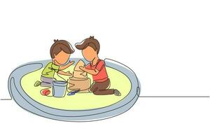 un'unica linea continua disegnando due ragazzini costruiscono insieme un castello di sabbia. bambini seduti su sandbox e giocare con il castello di sabbia. fratelli o amici che si divertono. vettore di disegno grafico a una linea