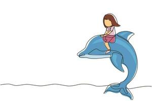 disegno a linea continua singola bambina che cavalca un delfino. ragazzino seduto sul retro delfino in piscina. bambini con delfini che nuotano in acqua. illustrazione vettoriale di un disegno grafico a una linea