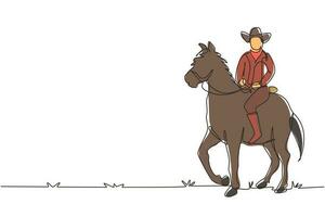 singolo disegno a linea continua cowboy a cavallo in piedi nel deserto. uomo con cappello da cowboy a cavallo. gli uomini anziani posano l'eleganza a cavallo. illustrazione vettoriale di disegno grafico dinamico di una linea