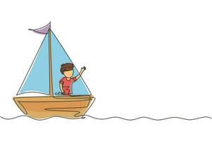 unico disegno a tratteggio ragazzino sorridente in barca a vela. bambini felici barche a vela. graziosi bambini in barca. gioiose avventure e viaggi. illustrazione vettoriale grafica di disegno a linea continua