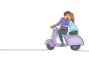 coppia di disegno a linea continua singola con scooter vintage, concetto pre-matrimonio. uomo e donna con moto, relazione amorosa. viaggio romantico, viaggio. vettore di disegno grafico a una linea