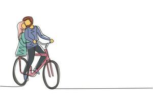 singolo una linea di disegno giovane coppia araba amorevole in bicicletta. relazioni umane romantiche, storia d'amore, famiglia di sposini in viaggio di nozze, avventura, passione, emozioni. grafica di disegno a linea continua vettore