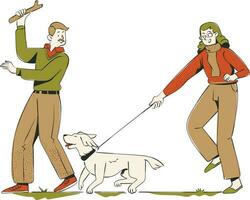 persona con un' cane. uomo e donna a piedi con un' cane su un' guinzaglio. vettore illustrazione.