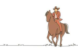 disegno a linea continua singola silhouette da cowboy a cavallo al tramonto. eroe del selvaggio west, mustang e persona all'aperto, icona o logo di cowboy e cavallo. illustrazione vettoriale di un disegno grafico a una linea