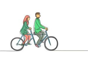 una linea continua disegnando una coppia araba romantica. la coppia sta guidando insieme la bicicletta in tandem. famiglia felice. l'intimità celebra l'anniversario di matrimonio. illustrazione grafica vettoriale di disegno a linea singola