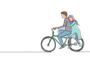 disegno continuo di una linea romantica coppia araba in bicicletta insieme. concetto di famiglia romantica felice. l'intimità celebra l'anniversario di matrimonio. illustrazione grafica vettoriale di disegno a linea singola