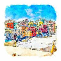 illustrazione disegnata a mano di schizzo dell'acquerello di boccadasse italia vettore