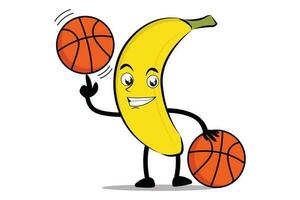 Banana cartone animato portafortuna o personaggio giochi pallacanestro e diventa il portafortuna per il suo pallacanestro squadra vettore