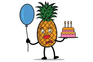 ananas cartone animato portafortuna o personaggio Tenere palloncini e compleanno torta a compleanno celebrazione evento vettore