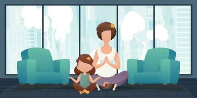 mamma e poco figlia fare yoga insieme. cartone animato stile. vettore illustrazione.