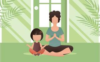 mamma e figlia sedersi nel il loto posizione. cartone animato stile. meditazione e concentrazione concetto. vettore illustrazione.