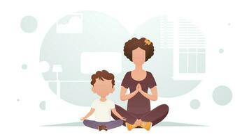 mamma e figlio siamo seduta fare meditazione. meditazione. cartone animato stile. vettore